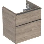 Mueble bajo Geberit serie iCon para lavabo, con dos cajones: Ancho de lavabo=60cm, Cuerpo y frontal: nogal hickory/melamina con textura de madera, Tirador: lava/con pintura polvo al horno mate
